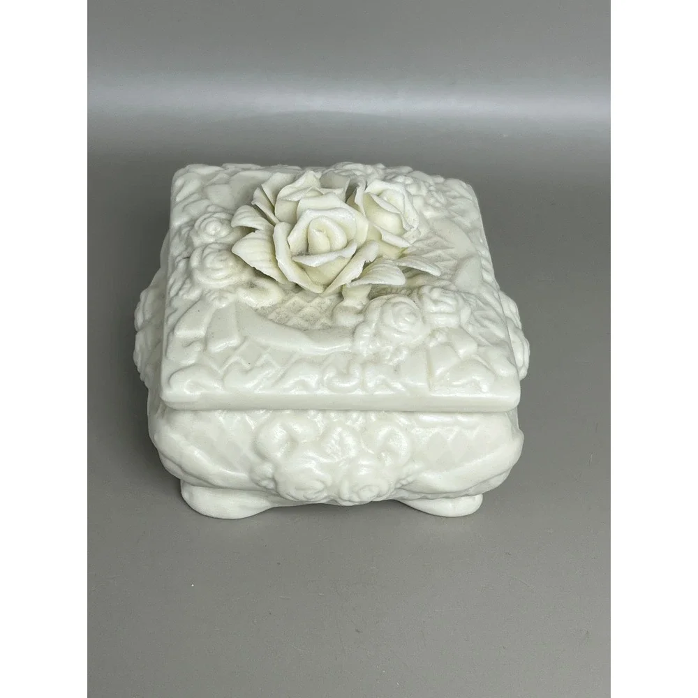 White Porcelain Bisque Jewelry Trinket Dish Roses Victorian 3